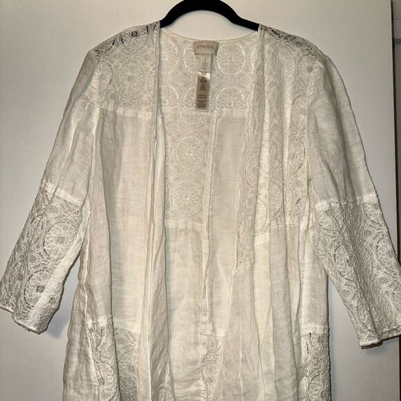 Chicos Linen Lace Panel Cardigan Asymmetrical White Size 1 (Medium) EUC - Picture 3 of 11